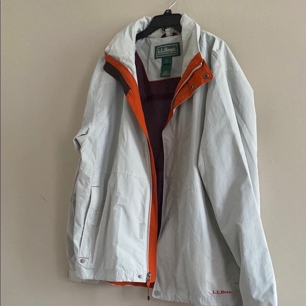 L.L. Bean White and Orange Raincoat with Stand-Up Collar